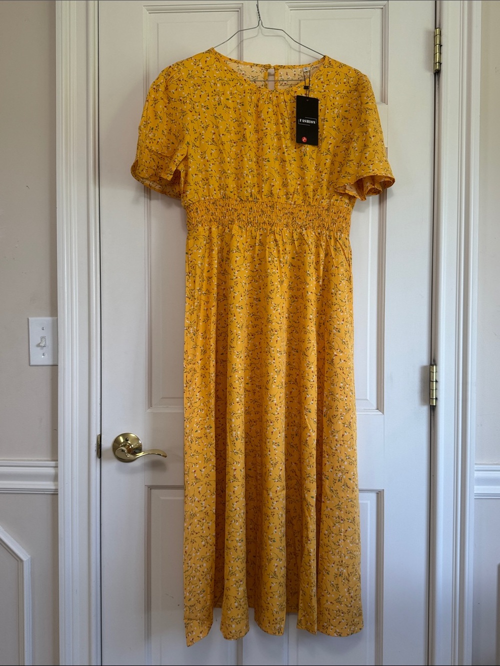 Sunny Yellow Floral Midi Dress with Smocked Waist
